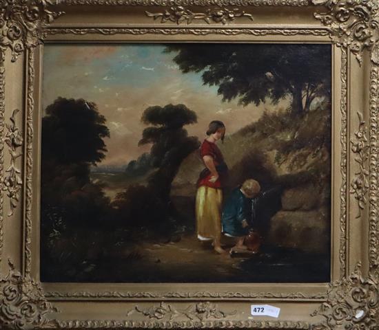 English School, c1860, oil on canvas, Children collecting water, 49 x 59cm.